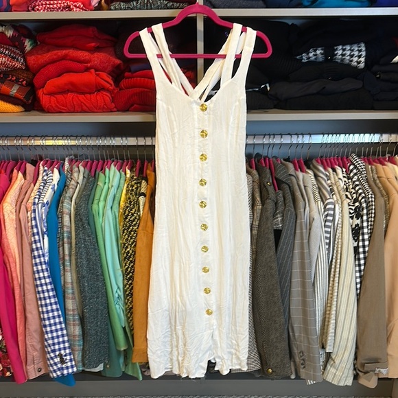 Rowa white 100% rayon criss cross back button down lined midi dress size S - Picture 1 of 3